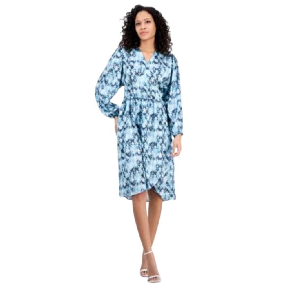 HUGO BOSS Orange Women's Printed Blouson-Sleeve Midi Dress in Blue Aztec Print